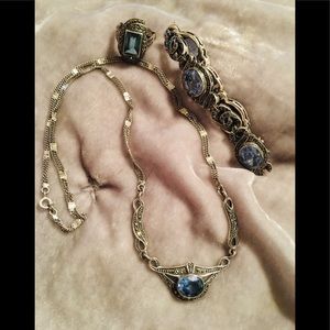 Vintage SS Marcasite Blue Topaz Jewelry Set
